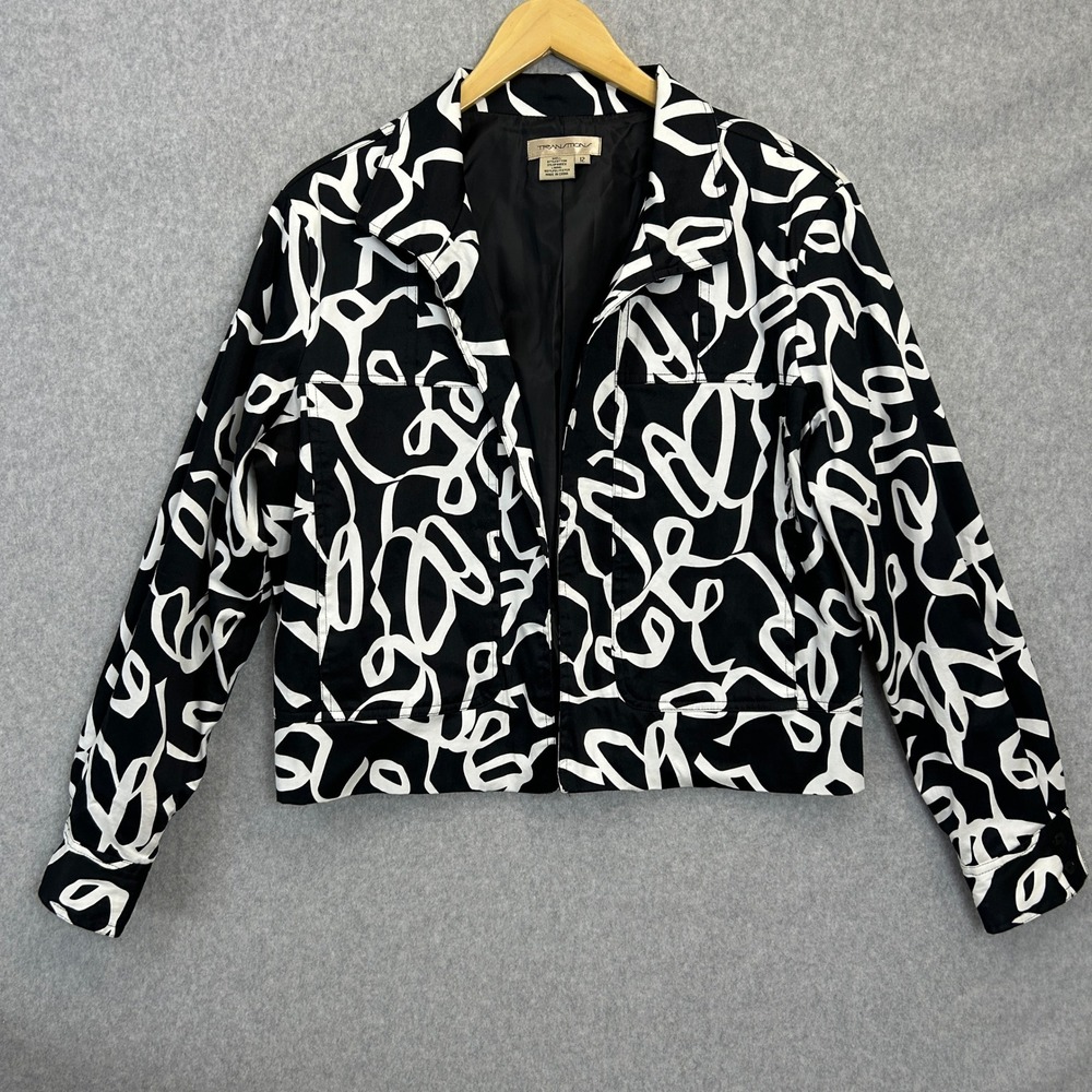 Transitions Size 12 Jacket Black White Abstract Swirl Blazer Artsy Office Mature